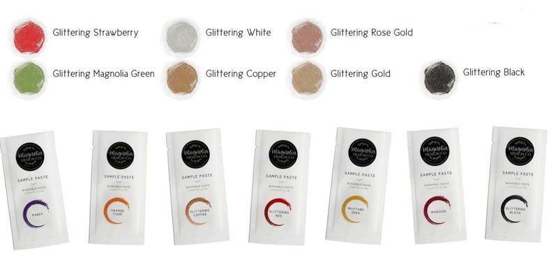 May include: Eight sample packets of glitter paste in various colors, including strawberry, magnolia green, white, rose gold, copper, gold, and black. Each packet has a label that says "Magnolia Cosmetics" and "Sample Paste".