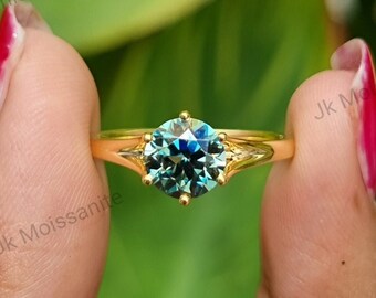 1 Carat Round Cyan Blue Moissanite Solitaire Engagement Ring, 14k Gold Ring, Round Solitaire Ring, Wedding Ring, Anniversary Gift For Women