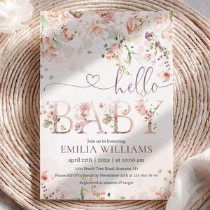 Blush pink floral hello baby invitation template, floral baby shower invitation for girl, floral girl invite, baby brunch sprinkle - C134 image 1
