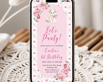 Floral Kitten 1st Birthday Digital Invitation Editable Pink Grandmillennial Let's Pawty Evite - C913-g