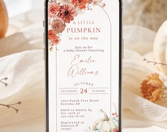 Fall baby shower evite, pumpkin baby shower electronic invitation template, orange autumn text message invite, boho baby shower evite - C323