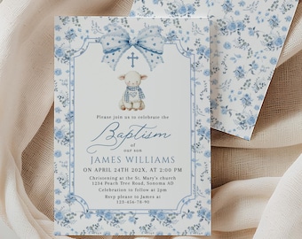 Vintage Blue Floral Baptism Invitation Printable Little Lamb Boy Christening Invite - C912-b