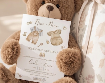 Può includere: Un orsacchiotto marrone tiene in mano un biglietto con la scritta "Niño - Niña" e illustrazioni di vestiti per bambini. Un cuscino a fantasia floreale con bordi a balze e un fiocco è dietro l'orso. Il biglietto riporta i nomi Carlos e Lucia.