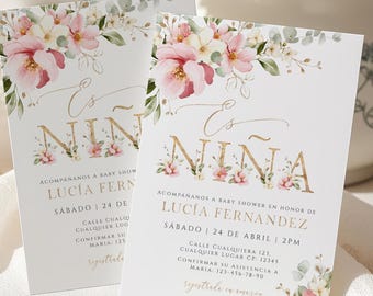 Es niña baby shower invitation card editable en español, it's a girl spanish baby shower invitation, floral spanish decor invitation - C460
