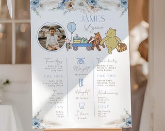 Editable boho winnie boy 1st birthday milestone poster, winnie pooh first birthday milestone sign decor, winnie birthday milestone - C540-b