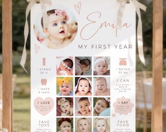My first year collage & milestone poster printable for a little baby girl, first birthday milestone poster decor, one year photo collage
