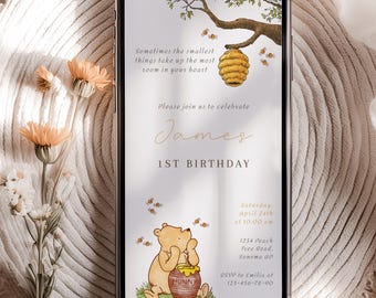 Winnie the pooh birthday electronic invite editable, sometimes the smallest things birthday evite, little hunny bday digital invite - C537