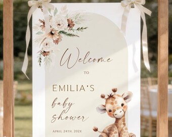 Giraffe boho floral baby shower welcome sign printable,boho arch giraffe baby shower welcome poster, beige baby shower welcome sign - C563