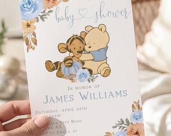 Classic winnie the pooh baby shower invitation printable, pooh pumpkin baby shower invitation, boy fall floral baby shower invite - C577-b