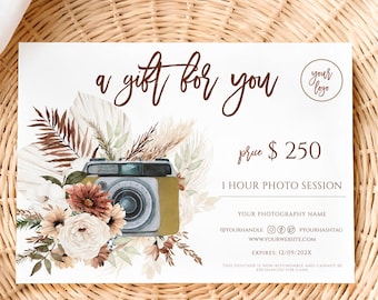 Photography gift certificate template, modern gift certificate, photography gift voucher, photo session voucher card, gift card for customer