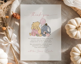 Classic winnie the pooh baby shower thank you card printable, fall winnie pooh baby shower thank you card, girl pooh thank you card - C575-g
