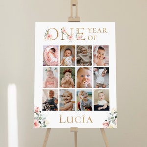 First year photo board template, 1st birthday photo collage sign 12 month photo board, girl baby's first year photo poster, one year collage