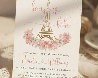 Bonjour bebe eiffel tower baby shower invitation card template, gold pink paris baby shower invite, floral baby shower evite decoration-C445