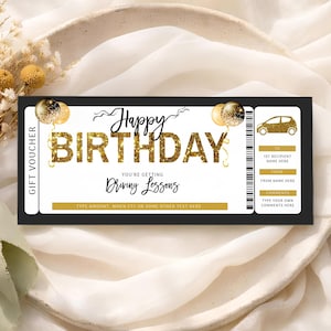 May include: A rectangular gift voucher featuring black and gold glitter text that reads Happy Birthday and You're Getting Driving Lessons. The design includes gold balloons, a small car icon, a barcode, and fields for recipient and sender names.