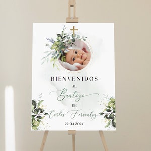 Eucalipto сartel bienvenida bautizo niño para imprimir, baptism welcome sign in spanish, editable christening sign, bienvenidos al bautizo