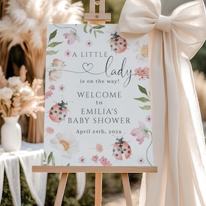 A little lady is on her way welcome sign printable, red ladybug baby shower welcome poster, girl love bug  baby shower welcome sign - C773