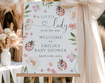 A little lady is on her way welcome sign printable, red ladybug baby shower welcome poster, girl love bug  baby shower welcome sign - C773