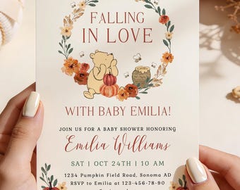 Falling in love winnie the pooh baby shower invitation editable, winnie pooh pumpkin baby shower invite, winnie fall floral invite - C578