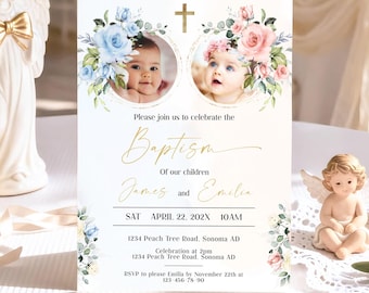 Baptism invitation twins, girl and boy baptism invitation with photo template, eucalyptus baptism editable, twin christening invitation - C6