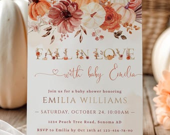 Autumn orange flowers baby shower invitation printable, fall in love baby shower invitation, girl fall pumpkins baby shower invite - C327
