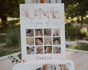 Floral first year photo board template, 1st birthday photo collage sign 12 month photo board, girl baby's first year photo poster - C134