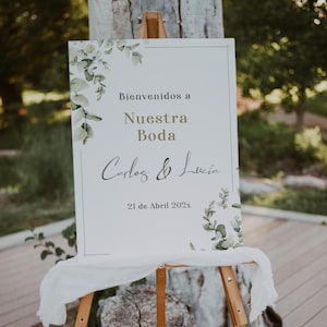 Bienvenidos a nuestra boda sign digital español, greenery spanish wedding welcome sign printable, green nuestra boda para imprimir - C1002
