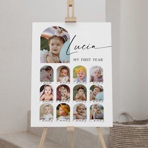 Boho arch birthday first year template, minimalist 1st birthday photo collage sign, baby's first year poster, year in pictures board