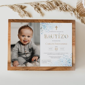 Invitaciones primer cumpleaños del para bautizos, invitación bautizo niño, blue christening with photo baptism spanish invitation religios