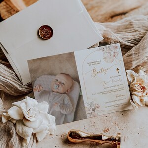 Bohemian christening invitations, mi bautizo invitation spanish, invitación bautizo, boho baptism invitation with photo in spanish - C18
