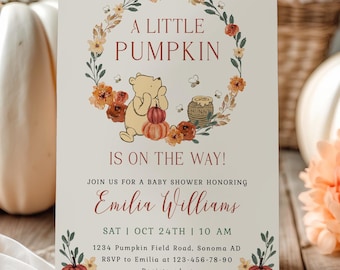 Little pumpkin is on the way invitation printable, classic winnie the pooh baby shower invite, winnie fall floral baby shower invite - C578