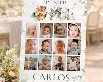 My wild one birthday photo collage template, 12 month photo collage sign, animal safari 1st birthday sign, baby's first year photo poster