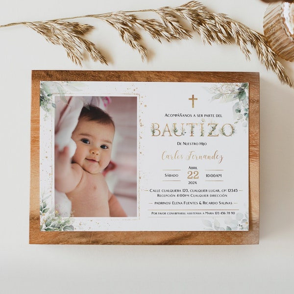 Invitaciones primer cumpleaños del para bautizos, invitación bautizo niño, greenery christening photo baptism spanish invitation religios