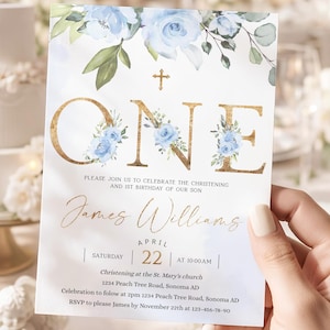 Boy christening and 1st birthday invitation template, blue & gold baptism invitation and first birthday, baby baptism 1st birthday invite