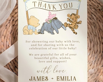 Classic winnie pooh baby shower thank you card, vintage pooh thank you card baby shower printable, boy pooh friends thank you card - C567-b
