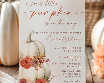 A sweet little pumpkin baby shower invitation template, fall flowers baby shower invitation, autumn baby shower invitation card decor - C329