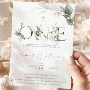 Greenery baptism and first birthday invitation template, green gold christening 1st birthday invitation, modern christening invitation