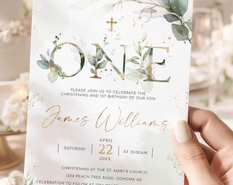 Greenery baptism and first birthday invitation template, green gold christening 1st birthday invitation, modern christening invitation