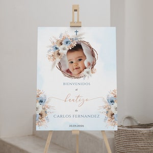 Cartel bienvenida bautizo niño para imprimir, boy baptism welcome sign spanish, editable christening sign bienvenidos al bautizo - C108