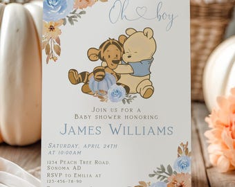 Oh boy classic winnie the pooh baby shower invitation printable, boy autumn floral invite, boy pooh pumpkin baby shower invitation - C577-b