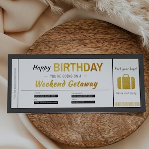 Weekend getaway ticket template, travel weekend away trip gift ticket, surprise weekend getaway gift vacation ticket, birthday trip away