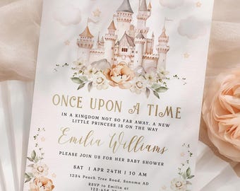 Once upon a time baby shower invitation template, princess castle baby shower party invitation card, modern girl baby shower invite - C511