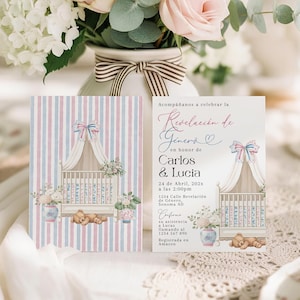Chinoiserie Revelación De Género Invitación, Toile Spanish Gender Reveal Invite Printable, Cradle Gender Reveal In Spanish Invite - C894-gr