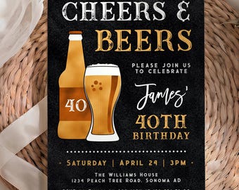 Cheers and beers 40th birthday adult invitation for man printable, modern any age adult 40th birthday party invitation, man bday invite-C356