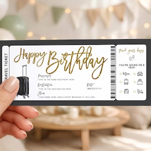 Printable birthday pass template, surprise vacation ticket, surprise ticket gift voucher, reveal gift idea birthday vacation surprise travel