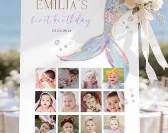Editable mermaid first year photo collage, mermaid tail 1st birthday 12 mont photo collage poster, under the sea 1st b-day photo sign - C559