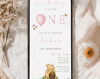 Girl winnie the pooh first birthday invitation phone editable, electronic winnie pooh 1st birthday invite, honey digital b-day invite-C538-g