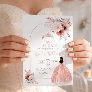 Bohemian rose gold quinceañera save the date printable, boho mis quince 15 anos save the date, sweet 16th birthday party save the date -C500