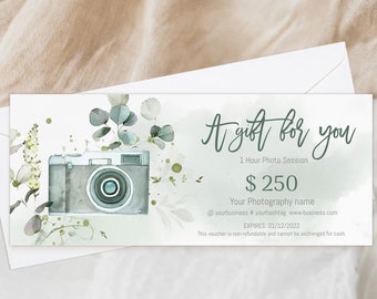 Modern editable gift certificate template photography, printable marketing certificate, photography gift voucher, photo session voucher card