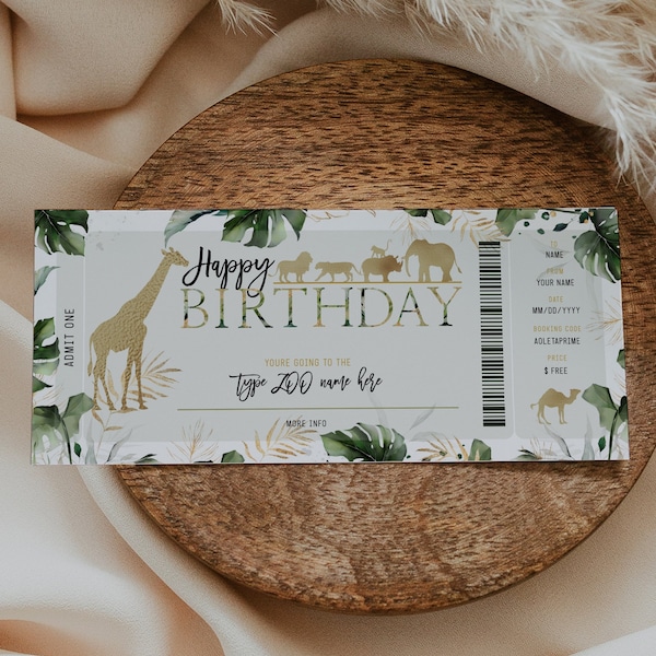 Zoo printable ticket happy birthday Zoo gift voucher template DIY, Zoo trip ticket voucher, surprise trip to the Zoo, visit Safari trip Zoo