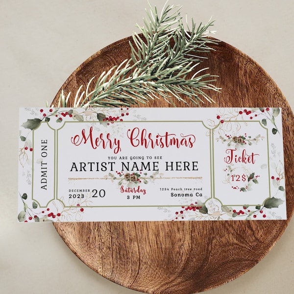 Event ticket template, christmas gift surprise concert ticket, movie ticket template, holiday invitation ticket show christmas event ticket